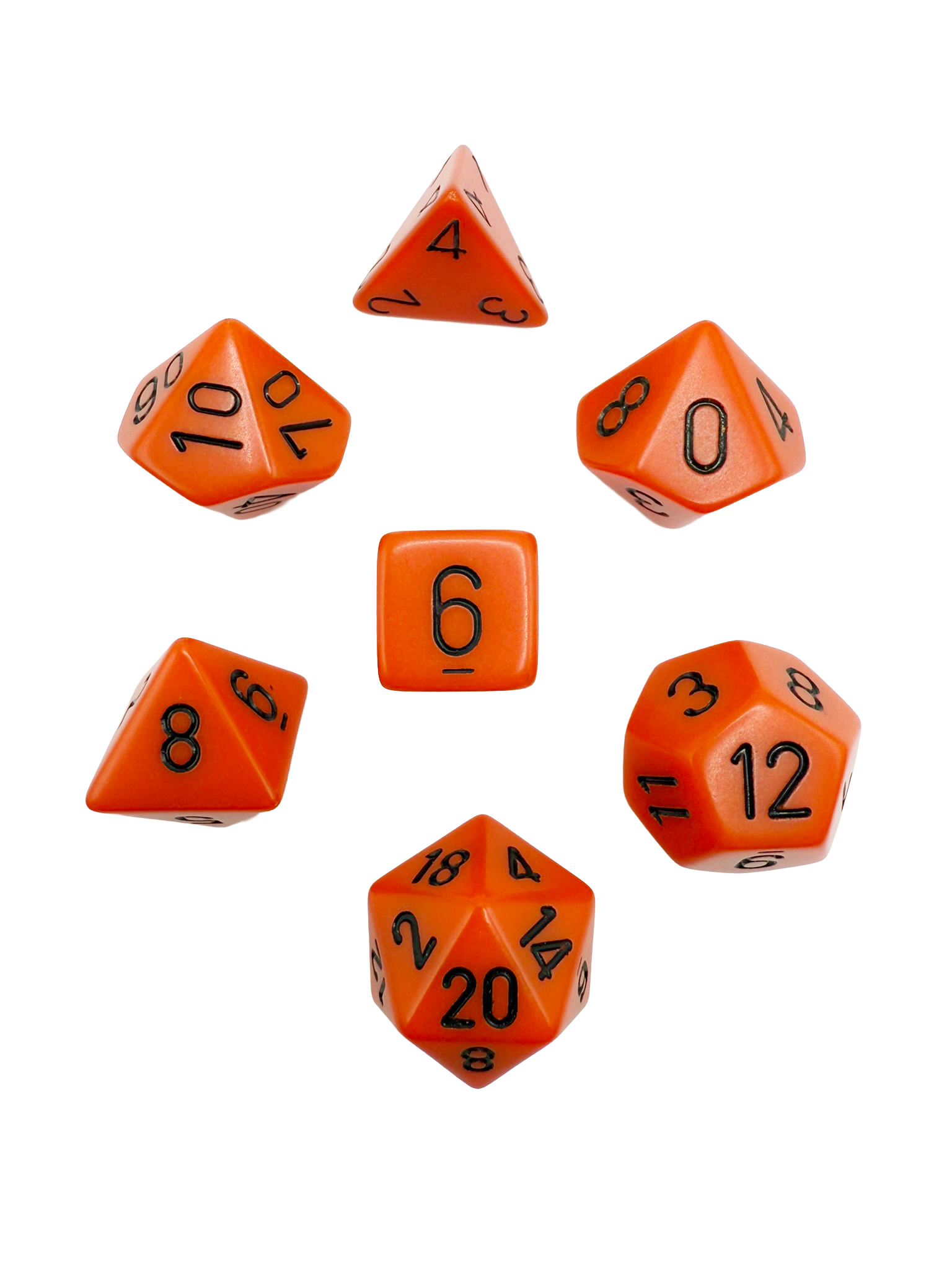 Chessex 7-piece polyhedral dice set – Opaque Orange with black numbers, RPG tabletop gaming dice including d4, d6, d8, d10, d12, d20, and percentile die.
