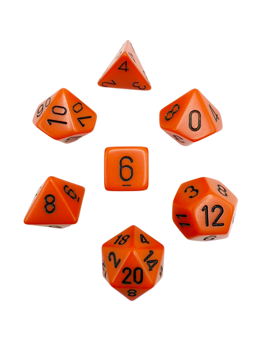 Chessex 7-piece polyhedral dice set – Opaque Orange with black numbers, RPG tabletop gaming dice including d4, d6, d8, d10, d12, d20, and percentile die.