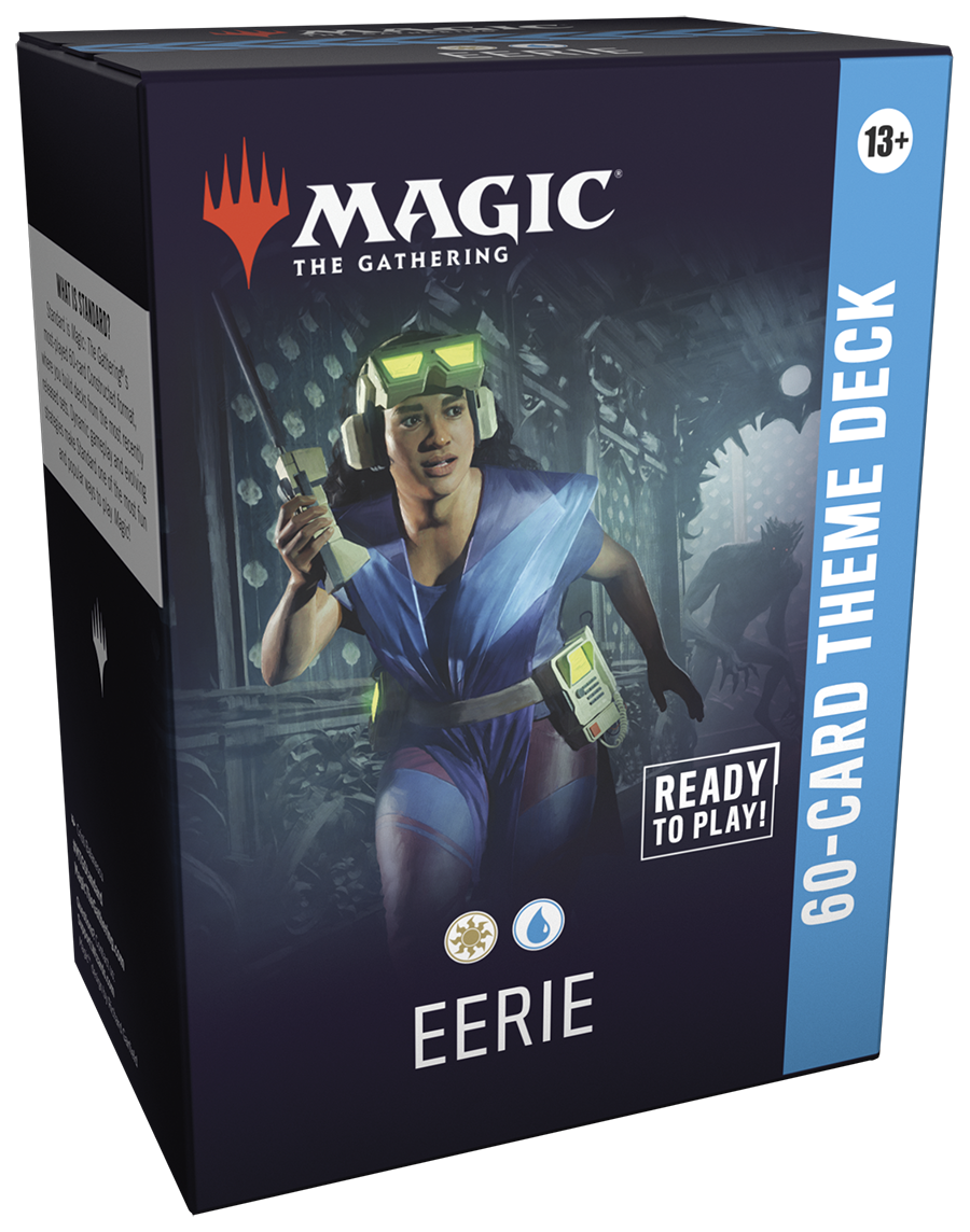 Card game box for 'Magic: The Gathering' with a character and text on a dark background
