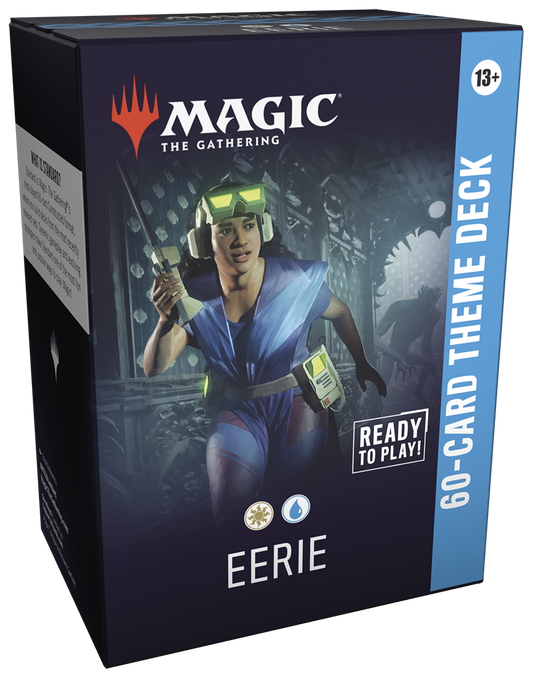Card game box for 'Magic: The Gathering' with a character and text on a dark background