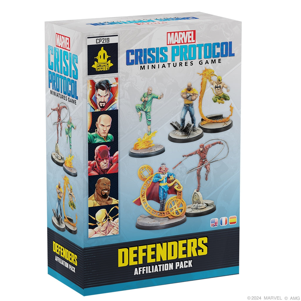 Marvel Crisis Protocol miniatures game box featuring superhero figures on a white background