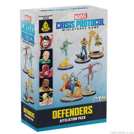 Marvel Crisis Protocol miniatures game box featuring superhero figures on a white background