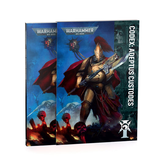 Warhammer 40,000 Codex: Adeptus Custodes rulebook shown from the front with a second angled copy behind it on a clean white background.