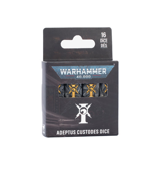 Pack of 16 Warhammer 40,000 Adeptus Custodes dice in their original retail packaging, featuring a black box with blue and white branding.
