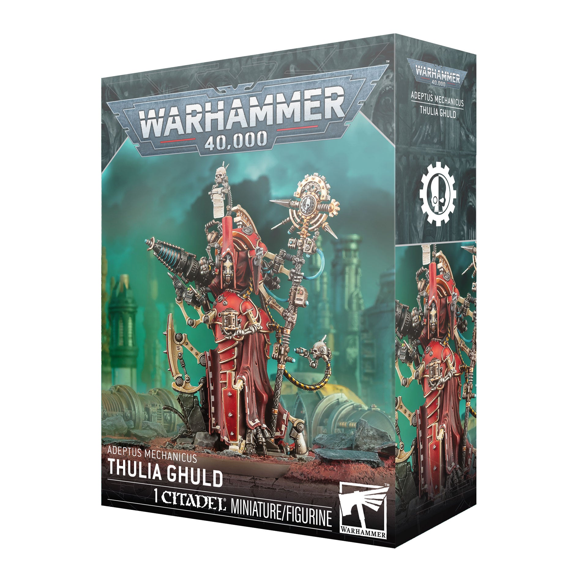 Warhammer 40,000 figurine packaging with detailed character on a white background