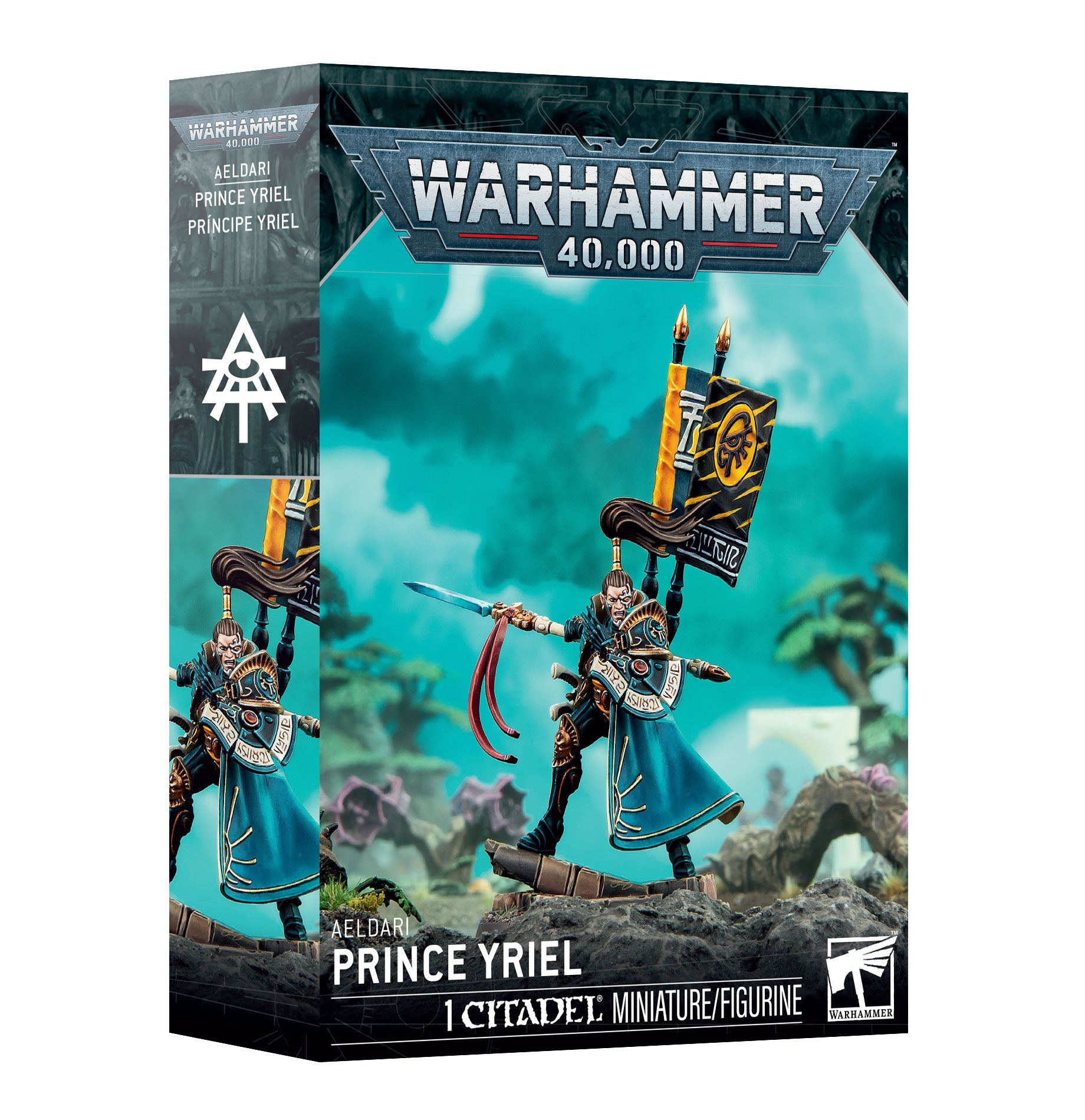 Warhammer 40,000 Prince Yriel miniature figure packaging with detailed artwork on a white background