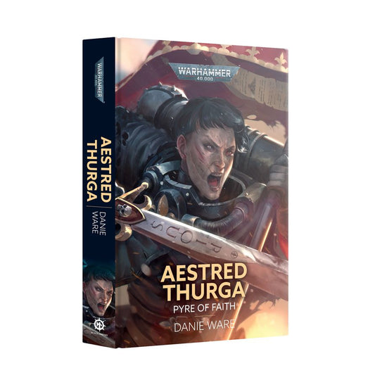 Book cover of 'Aestred Thurga: Pyre of Faith' with a warrior illustration on a white background