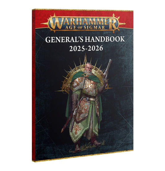 Warhammer Age of Sigmar: General's Handbook 2025–2026 cover, featuring armored warrior with green cloak and weapon, official rulebook for fantasy tabletop wargaming.