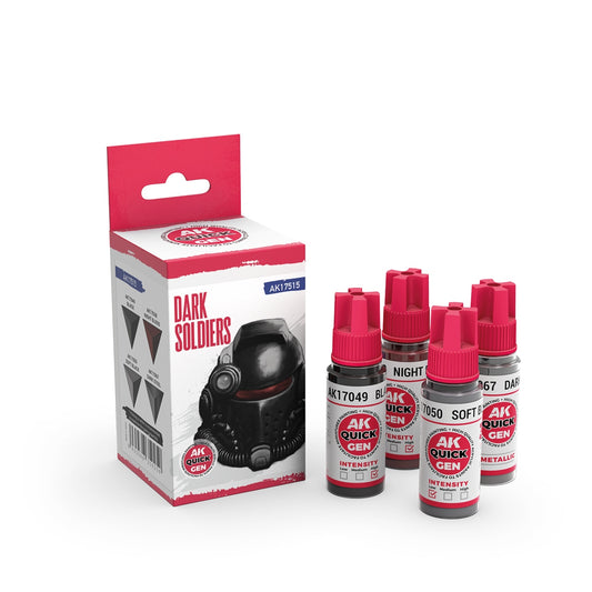 Packaging of the AK Interactive Quick Gen Dark Soldiers paint set along with paint bottles included inside