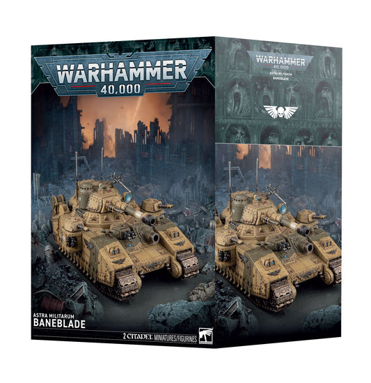 Warhammer 40,000 Astra Militarum Baneblade 20mm miniature figures box set by LCG, featuring desert-colored tanks on a dark, ruined cityscape background.
