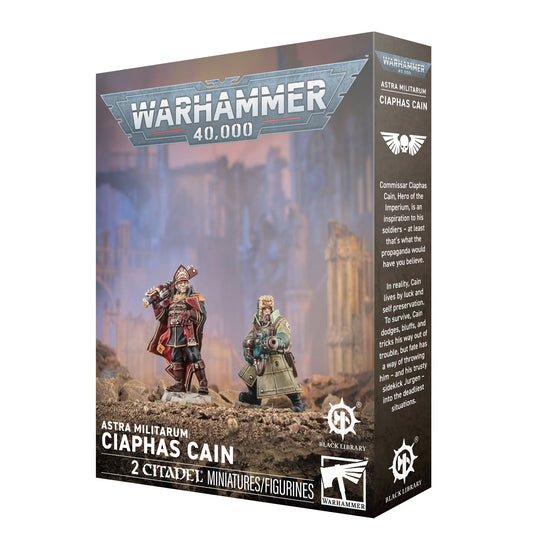 Warhammer 40,000 Astra Militarum Ciaphas Cain miniatures packaging with two figures on a desert landscape.