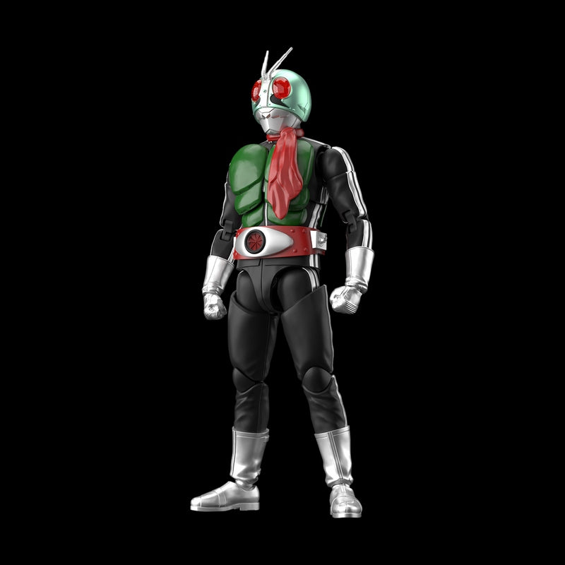 Assembled model of Masked Rider 1 from Kamen Rider in a green and black suit with red accents on a black background