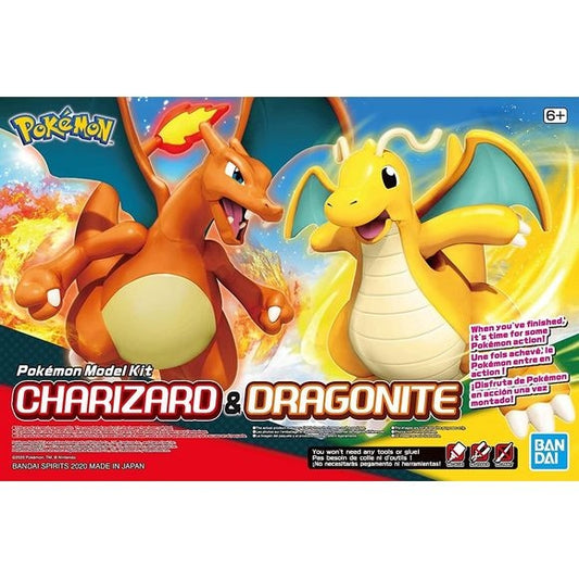 Pokémon Charizard and Dragonite model kit packaging with Bandai branding.