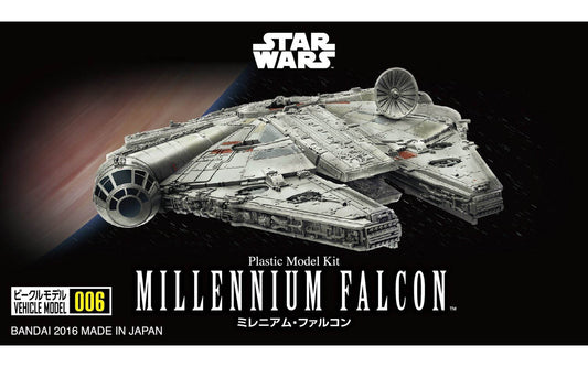 Model kit of the Millennium Falcon from Star Wars with branding and product details.