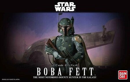 Model of Boba Fett from Star Wars with text about his status as a bounty hunter.