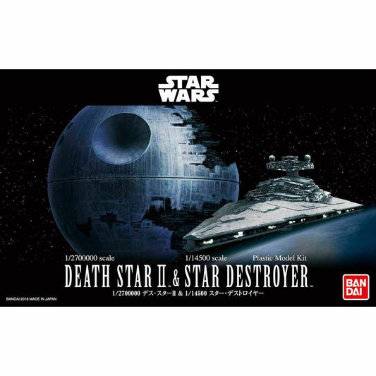 Model kit packaging of Death Star II and Star Destroyer with Bandai logo.