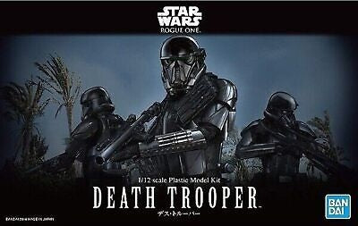Star Wars Death Trooper model kit with 'Rogue One' branding on a dark background.