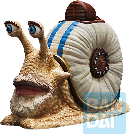 Animated snail character with a large shell on a white background
