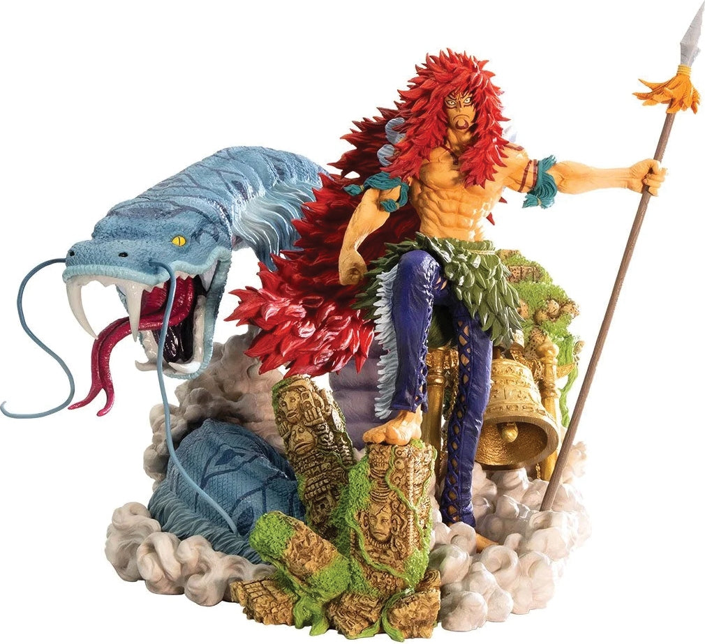Colorful figurine with a character and creature on a decorative base