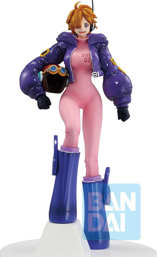 Figure of a character in a pink outfit with purple jacket and boots, holding a helmet, on a white background with Bandai logo.