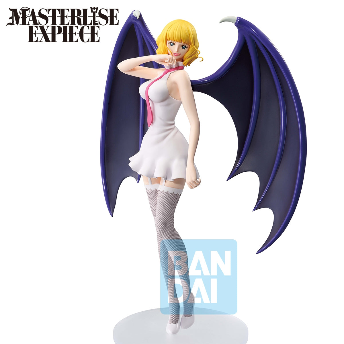 Figure with large purple wings and a white outfit, featuring the Bandai logo.