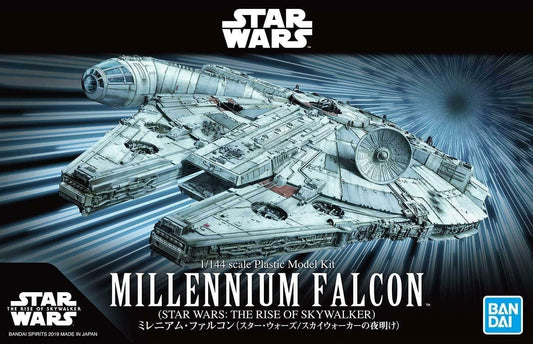 Model kit of the Millennium Falcon from Star Wars with Bandai branding.