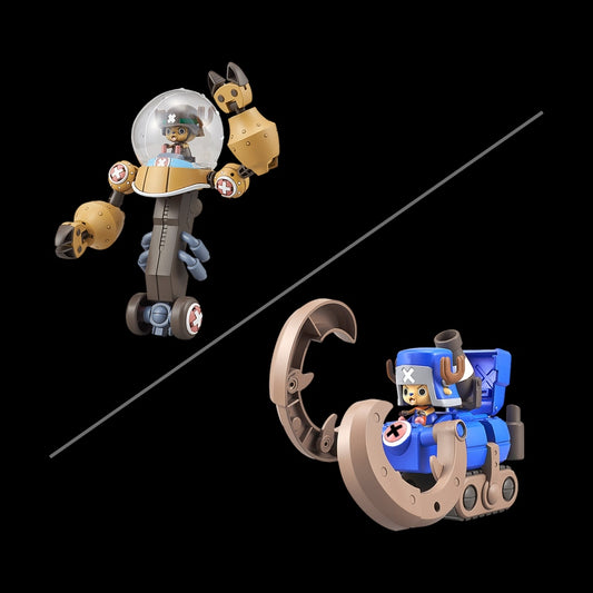 Assembled models of Tony Tony Chopper's Heavy Armor & Horn Dozer machines on a black background