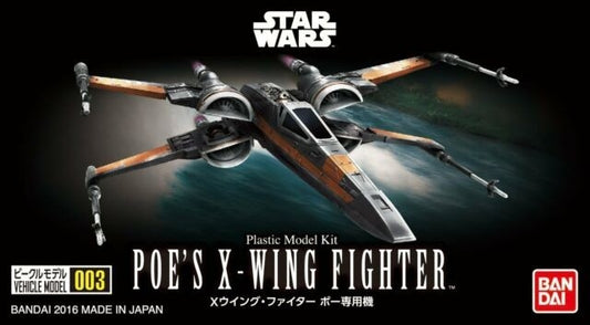 Model kit of Poe's X-Wing Fighter from Star Wars with Bandai branding.