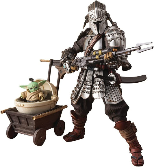 Figure of the Mandalorian with samurai-themed armor with Grogu in a cart on a white background