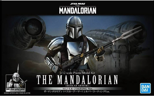 Model kit packaging of The Mandalorian in Beskar armor with Bandai logo.