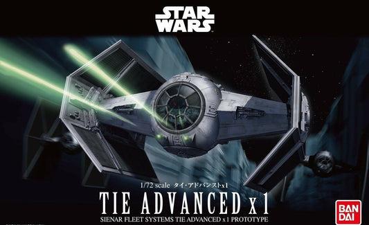 Model kit of a Star Wars TIE Advanced X1 with green laser beams on a dark background.
