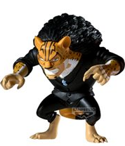 Toy figure of a lion in a suit with a tiger stripe on its chest