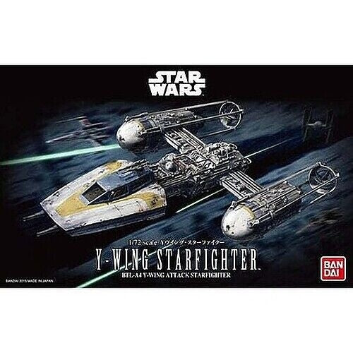 Model kit of a Y-wing Starfighter from Star Wars with Bandai branding.