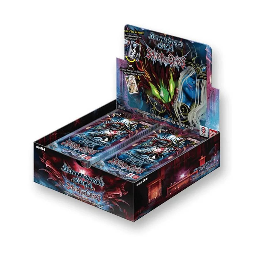 A booster box of Battle Spirits Saga: Savior of Chaos cards, featuring vibrant card art on the packaging.
