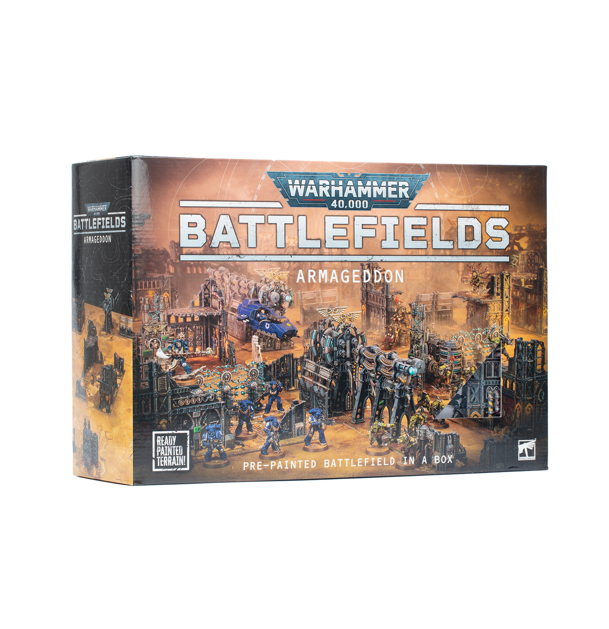 Warhammer 40,000 Battlefields Armageddon pre-painted battlefield box by Blaptrix Games, featuring detailed sci-fi battle scene artwork on the front and side panels.