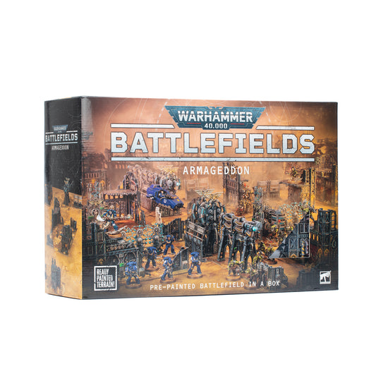 Warhammer 40,000 Battlefields Armageddon pre-painted battlefield box by Blaptrix Games, featuring detailed sci-fi battle scene artwork on the front and side panels.