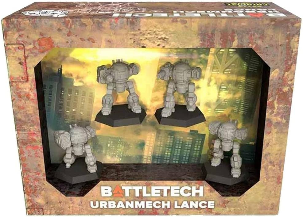 Battletech Urbanmech Lance figure set in packaging with cityscape background
