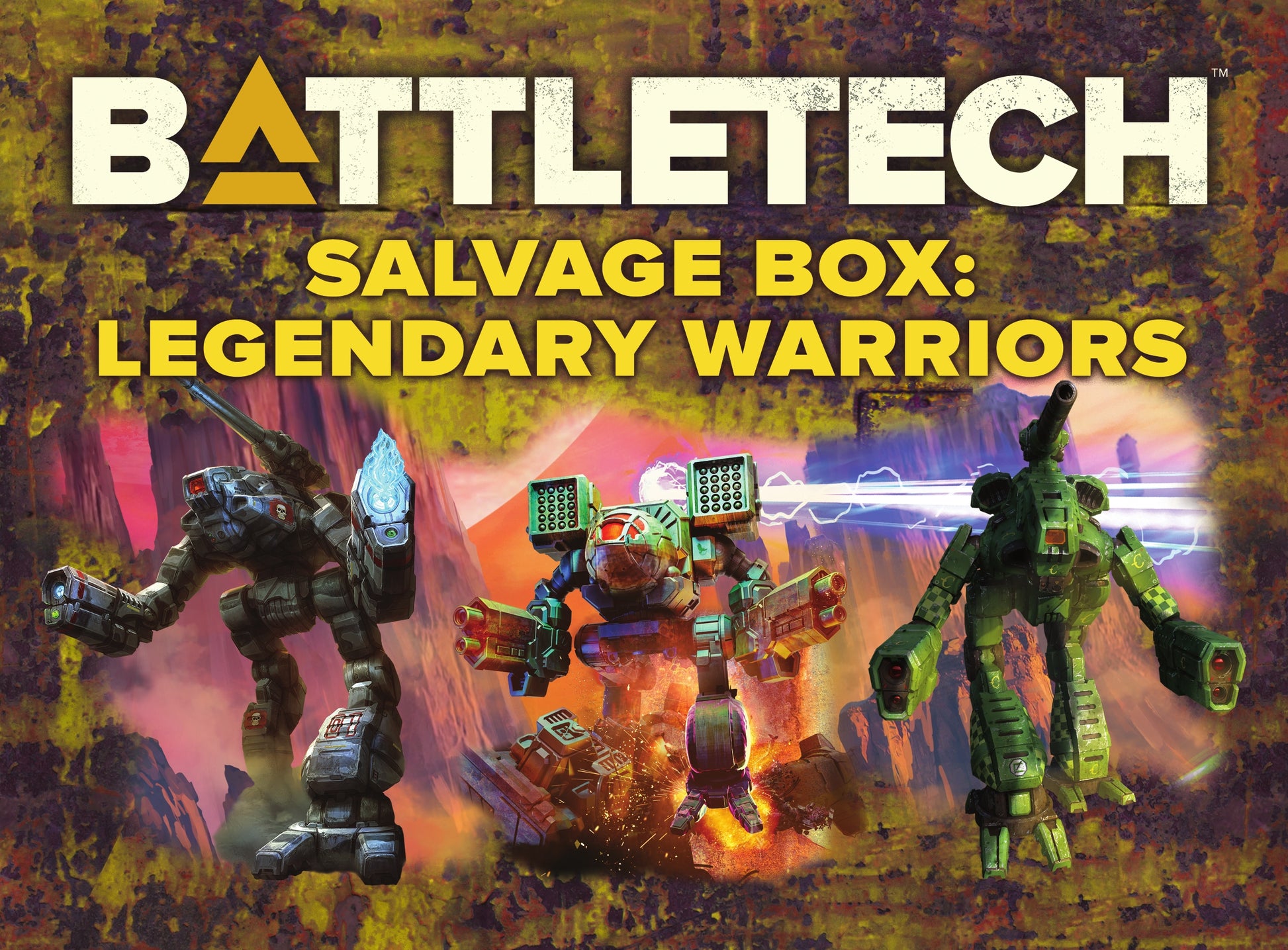 Promotional image for 'Battletech Salvage Box: Legendary Warriors' featuring robot figures against a colorful background.