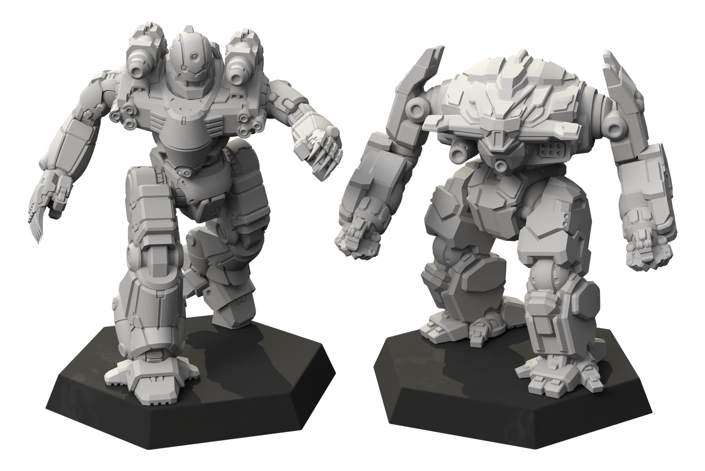 Two robot figurines on black bases against a white background
