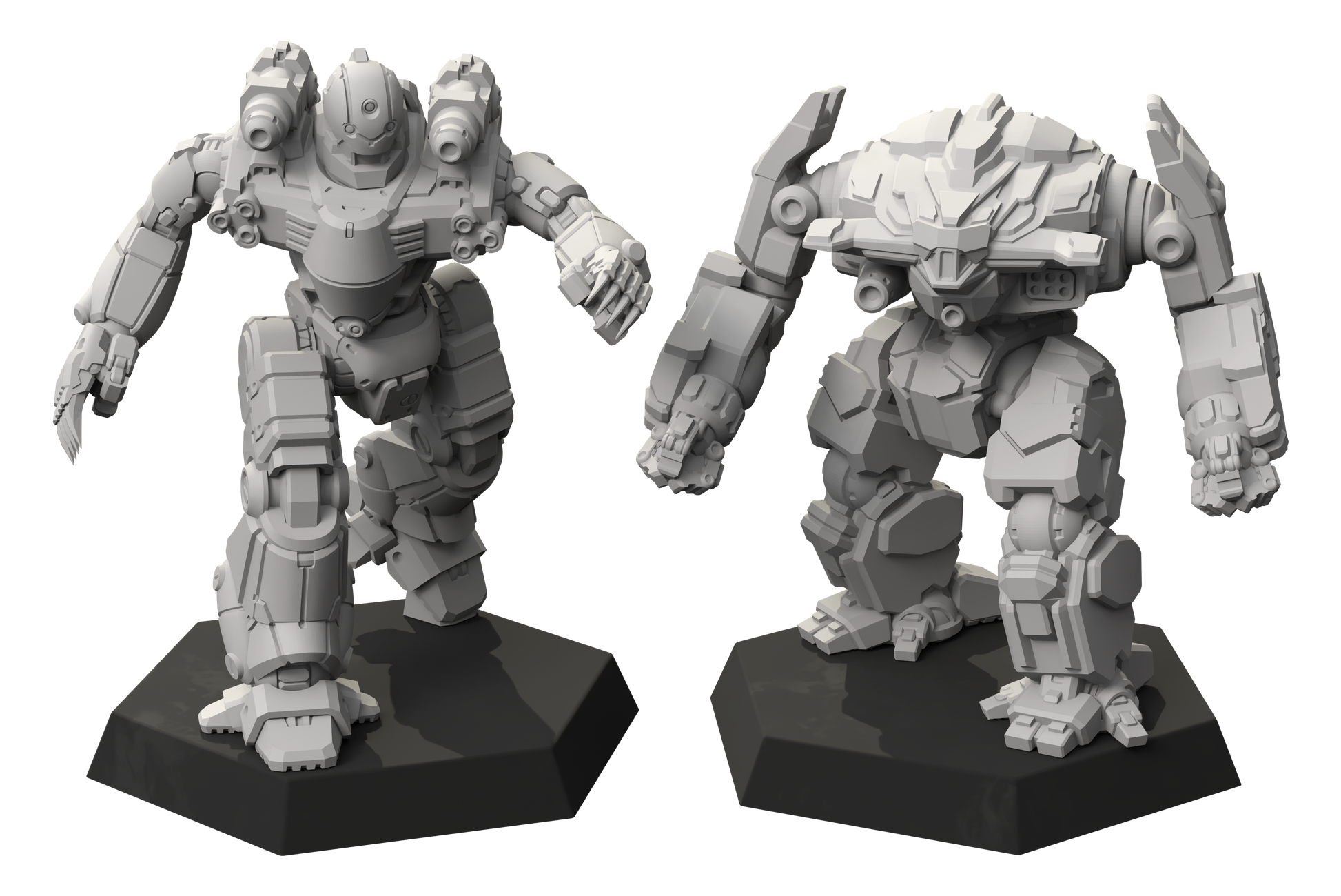 Two robot figurines on black bases against a white background
