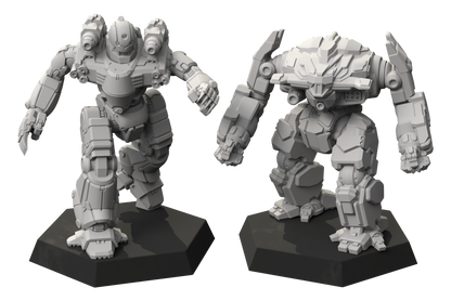 Two robot figurines on black bases against a white background