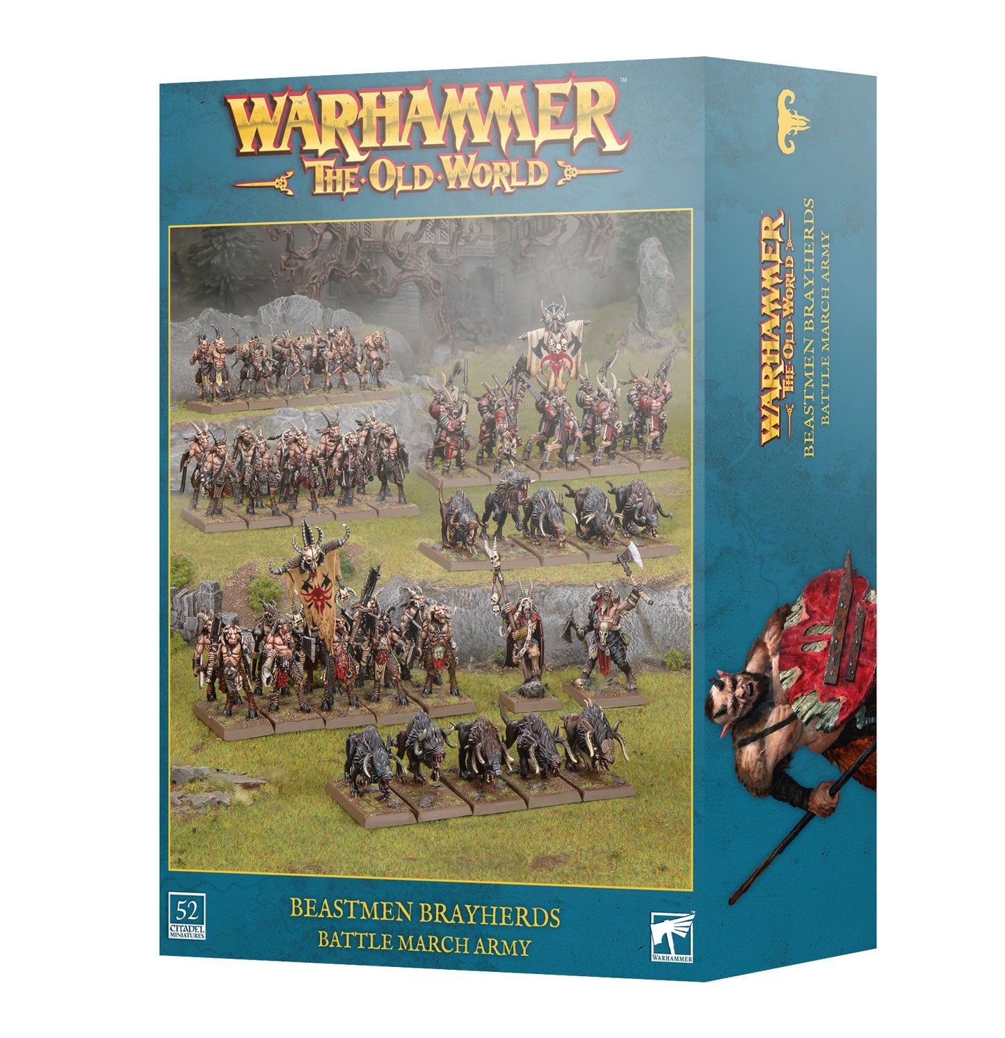 Warhammer: The Old World Beastmen Brayherds Battle March Army box set, featuring a teal-blue packaging design with battle scene illustrations and product branding.