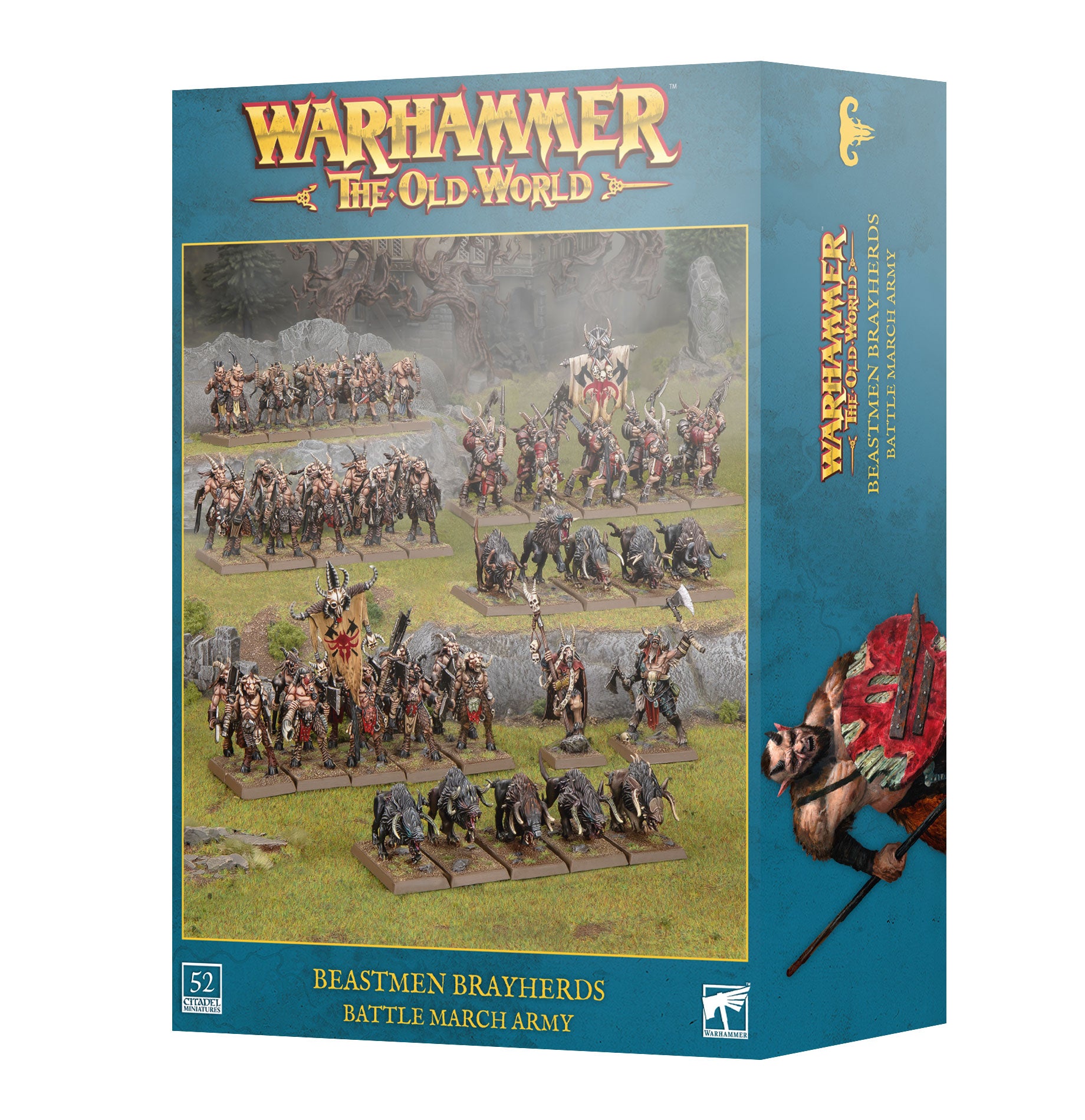 Warhammer: The Old World Beastmen Brayherds Battle March Army box set, featuring a teal-blue packaging design with battle scene illustrations and product branding.