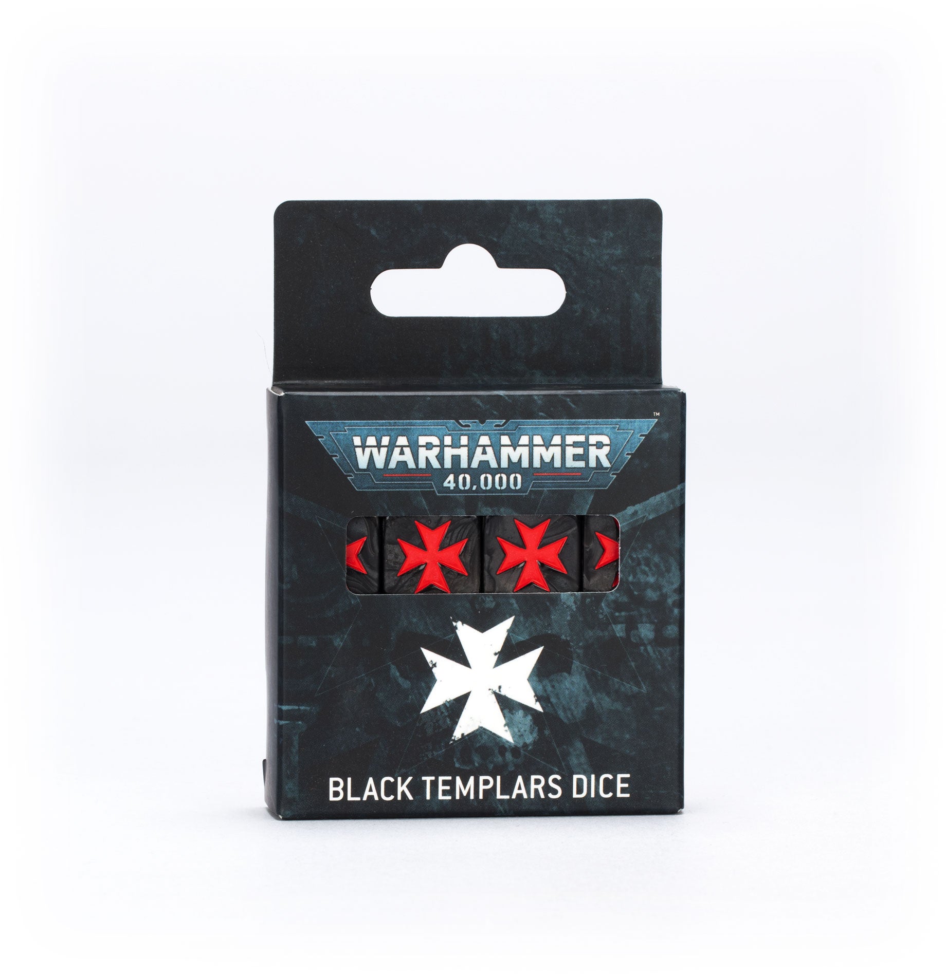 Packaged dice set for Warhammer 40,000 with Black Templars design on a white background