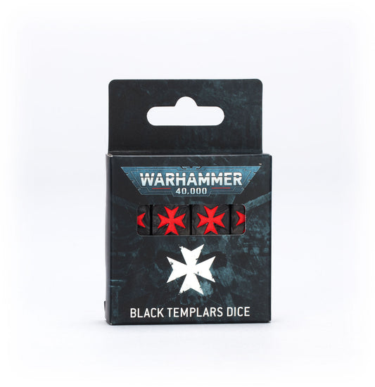 Packaged dice set for Warhammer 40,000 with Black Templars design on a white background