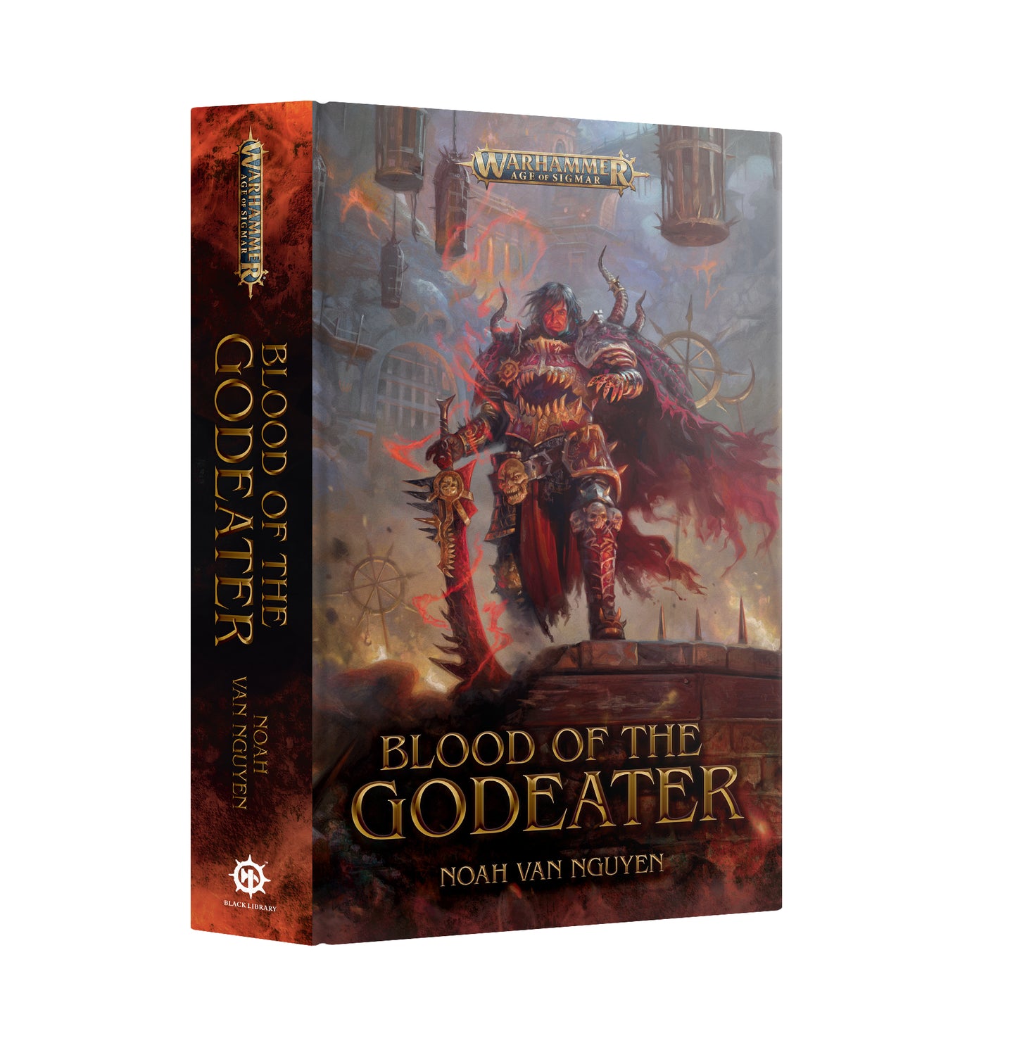 Warhammer 40k Blood of the Godeater hardcover book by Noah Van Nguyen, shown at a three-quarter angle on a plain white background.