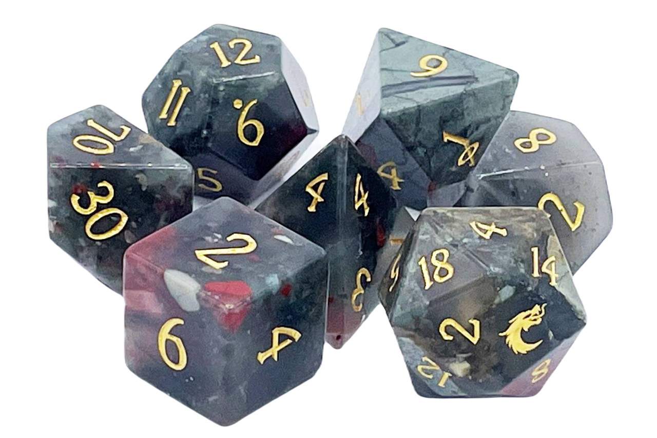 Old School Dice: 7 Piece Dice Set Gemstone - Bloodstone