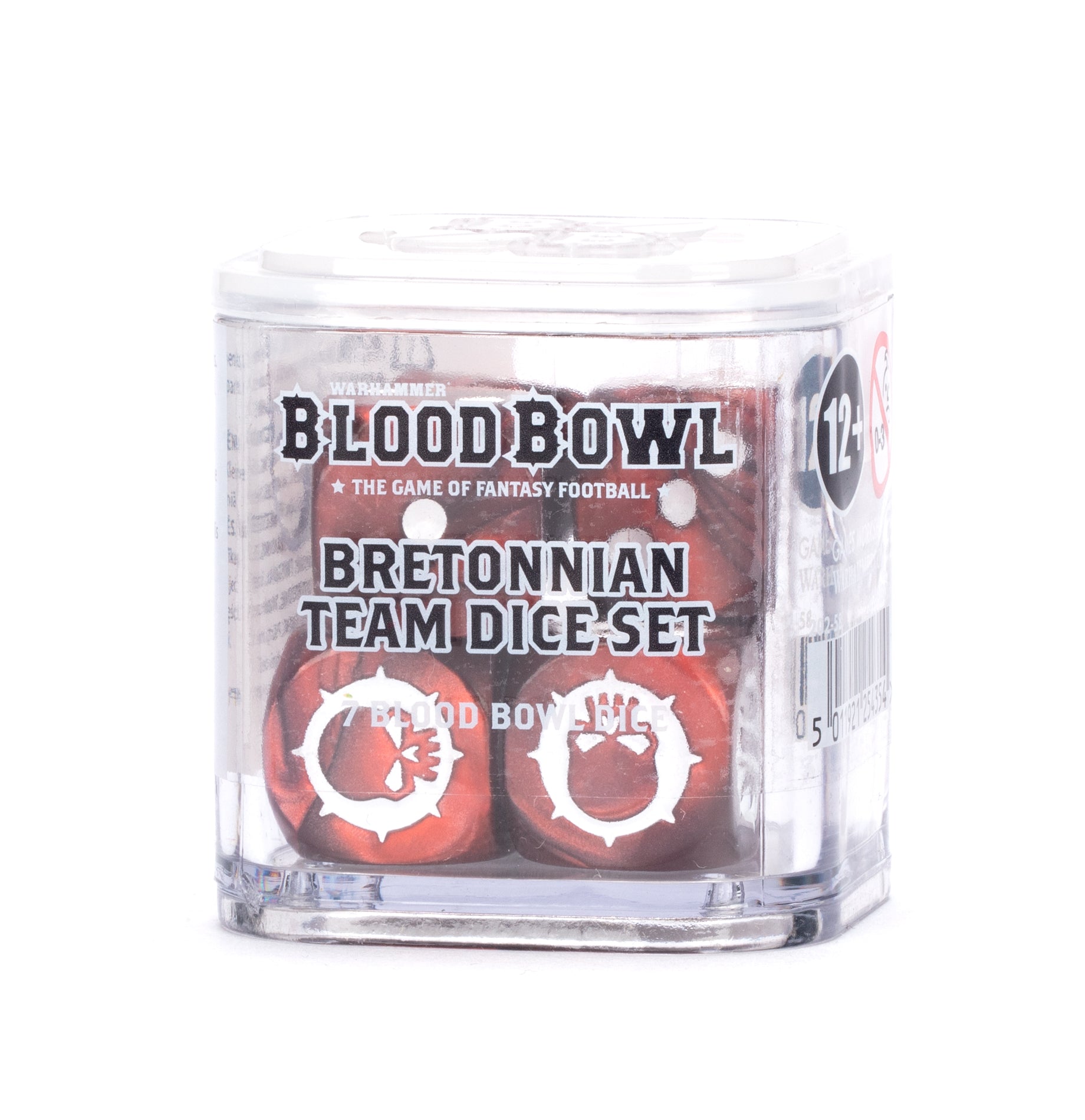 Blood Bowl Bretonnian Team Dice Set in clear packaging on a white background red and white dice