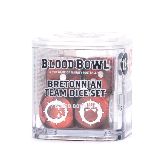 Blood Bowl Bretonnian Team Dice Set in clear packaging on a white background red and white dice