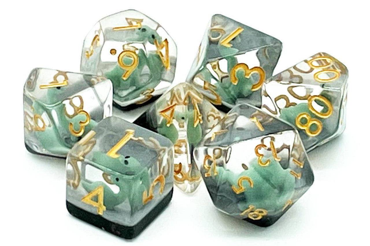 Old School Dice: 7 Piece Dice Set Animal Kingdom Baby Brontosaurus Green